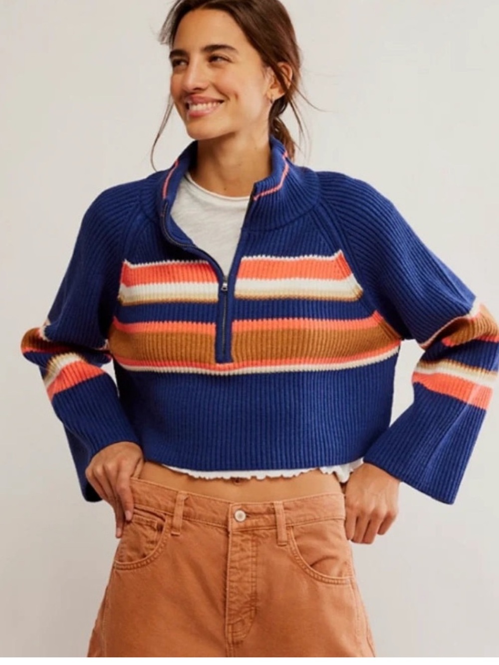 Free People Cropped Navy Stripe Half-Zip Turtleneck Sweater